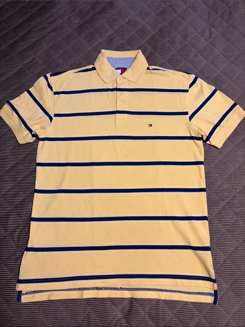 Tommy Hilfiger Yellow and Navy Striped Polo Shirt Men Sz S